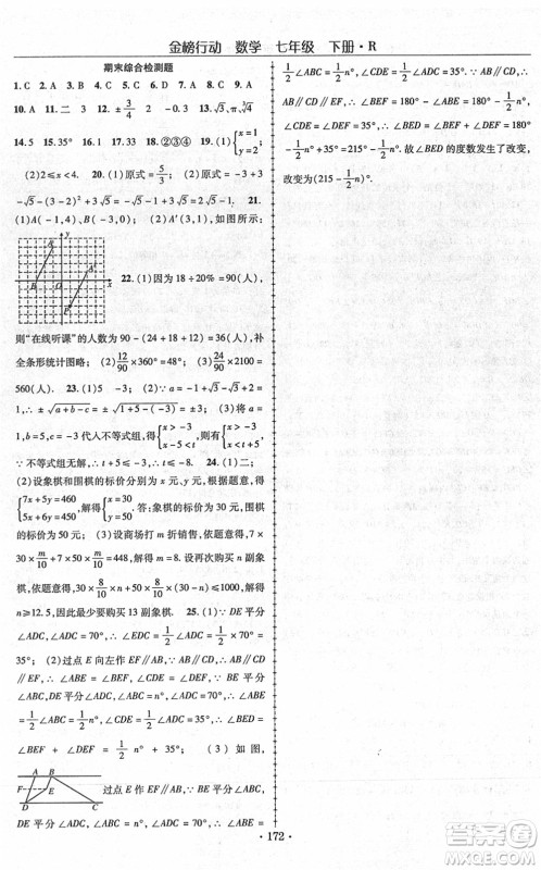 云南美术出版社2022金榜行动课时导学案七年级数学下册R人教版答案