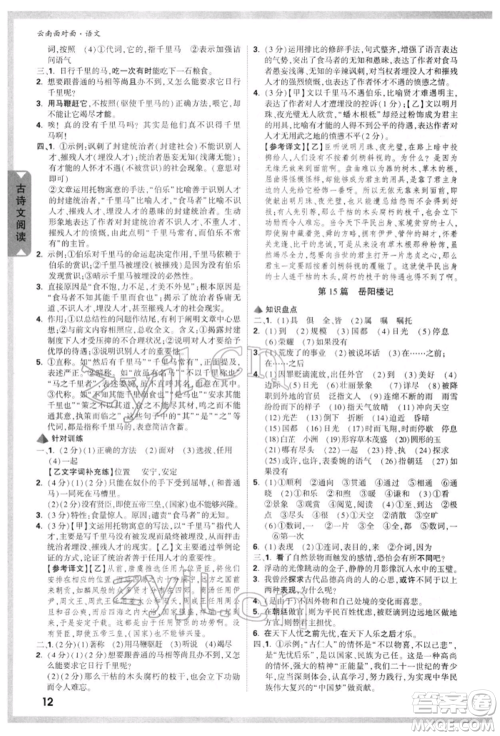 新疆青少年出版社2022中考面对面九年级语文通用版云南专版参考答案