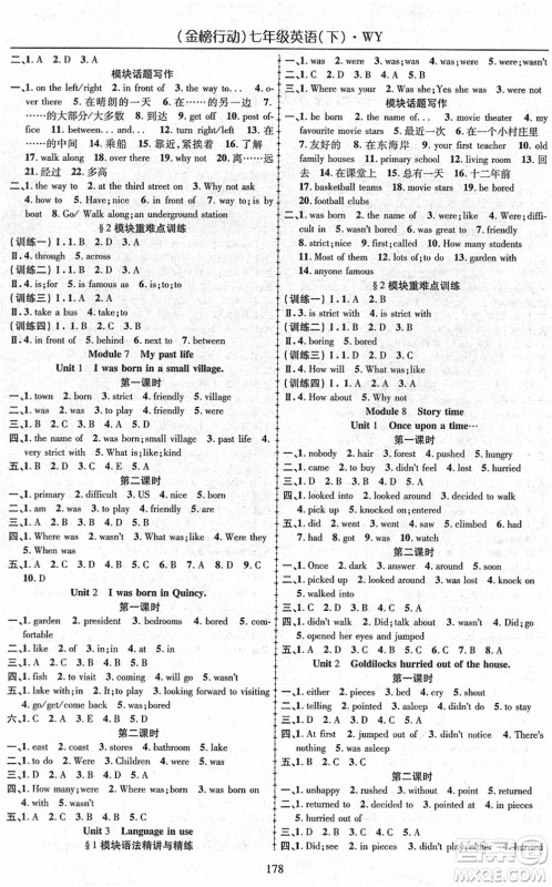 云南美术出版社2022金榜行动课时导学案七年级英语下册WY外研版答案