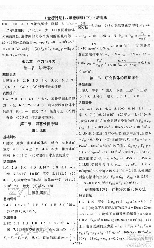 云南美术出版社2022金榜行动课时导学案八年级物理下册HY沪粤版答案