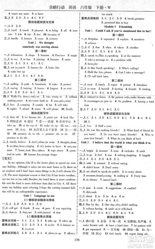 云南美术出版社2022金榜行动课时导学案八年级英语下册WY外研版答案