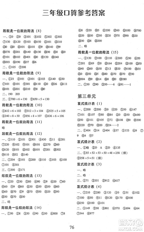 云南美术出版社2022每日10分钟口算心算速算天天练三年级数学下册RJ人教版答案