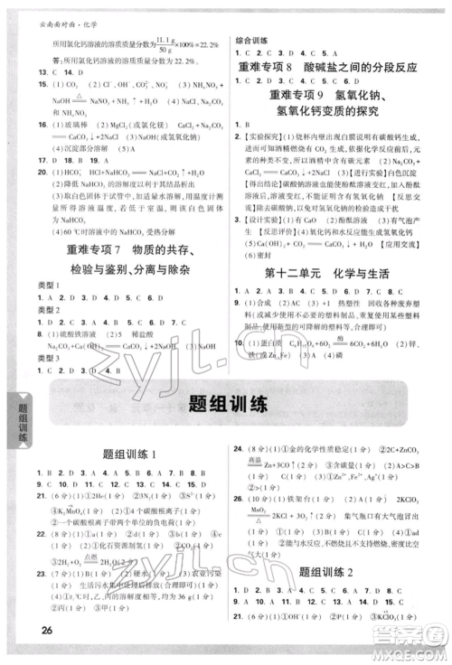 新疆青少年出版社2022中考面对面九年级化学通用版云南专版参考答案