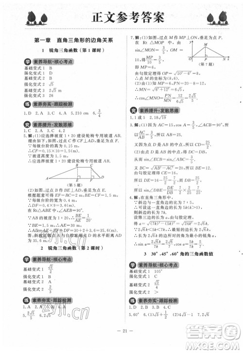 北京师范大学出版社2022课内课外直通车数学九年级下册北师大版答案