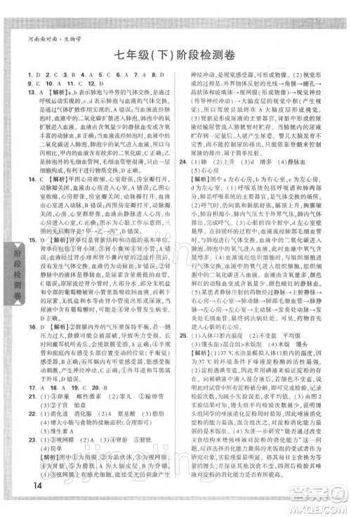 新疆青少年出版社2022中考面对面九年级生物学通用版河南专版参考答案