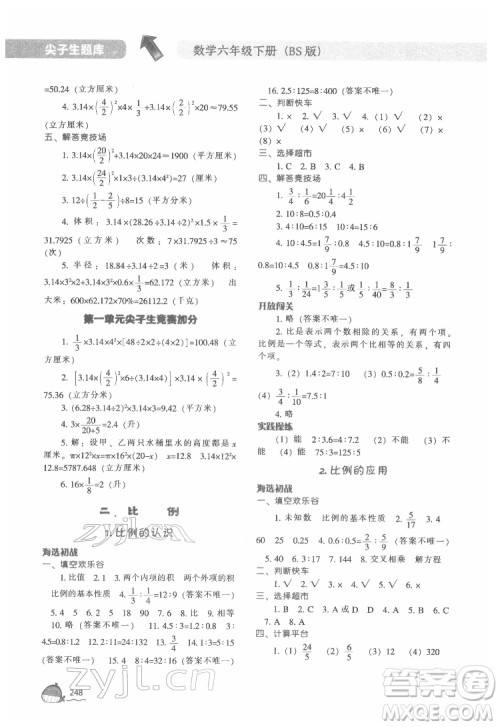 辽宁教育出版社2022尖子生题库数学六年级下册BS北师版答案