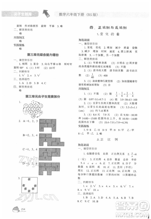 辽宁教育出版社2022尖子生题库数学六年级下册BS北师版答案