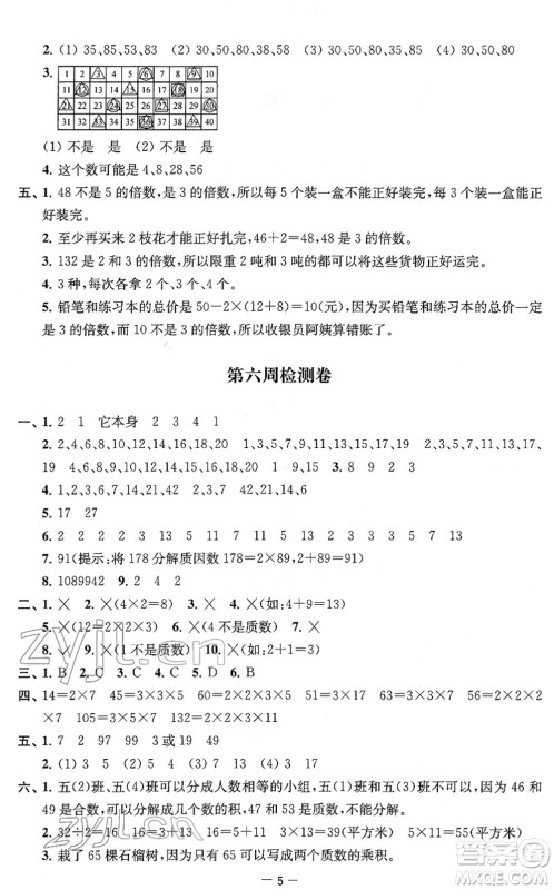 江苏人民出版社2022名校起航全能检测卷五年级数学下册苏教版答案