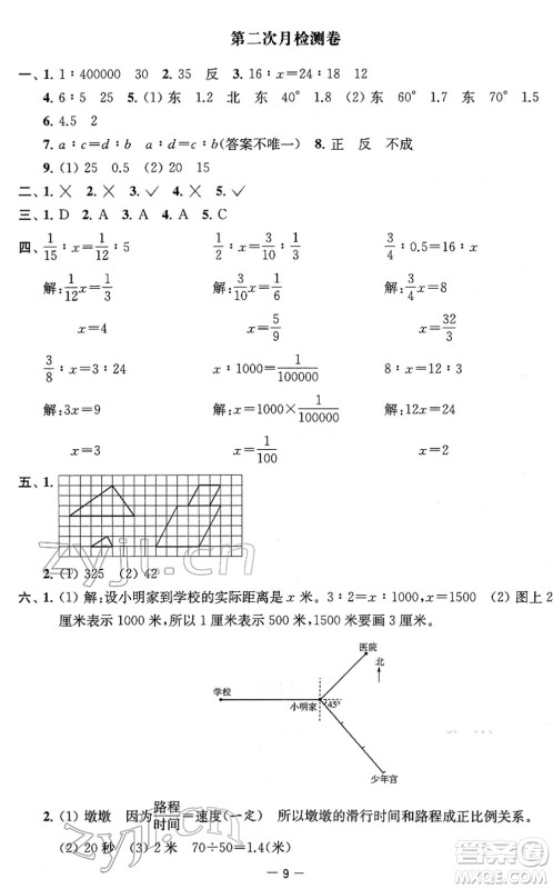 江苏人民出版社2022名校起航全能检测卷六年级数学下册苏教版答案