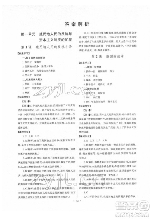 长江少年儿童出版社2022长江全能学案同步练习册九年级历史下册人教版答案