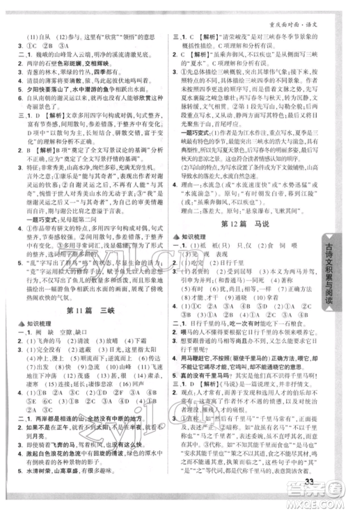 新疆青少年出版社2022中考面对面九年级语文通用版重庆专版参考答案