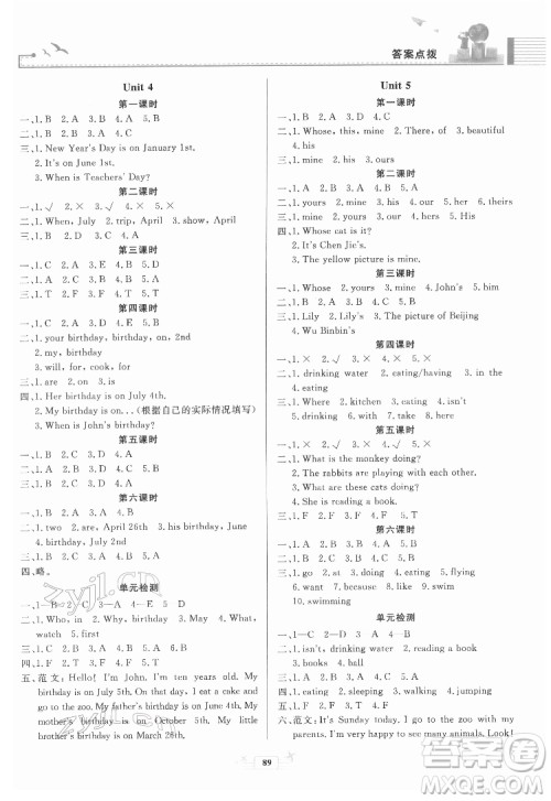 人民教育出版社2022阳光课堂金牌练习册英语五年级下册人教版答案