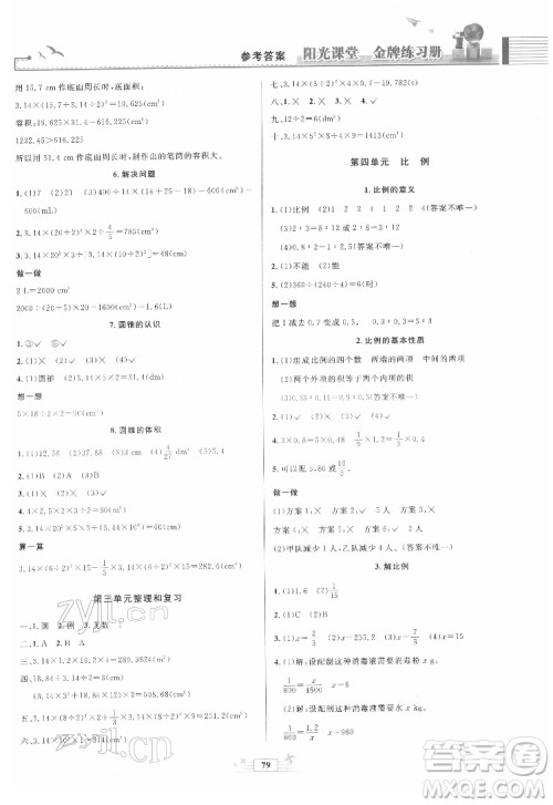 人民教育出版社2022阳光课堂金牌练习册数学六年级下册人教版答案
