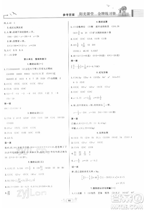 人民教育出版社2022阳光课堂金牌练习册数学六年级下册人教版答案