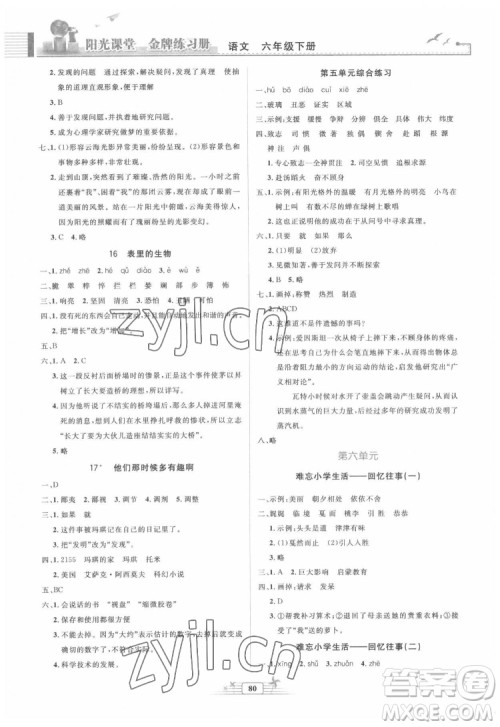 人民教育出版社2022阳光课堂金牌练习册语文六年级下册人教版答案