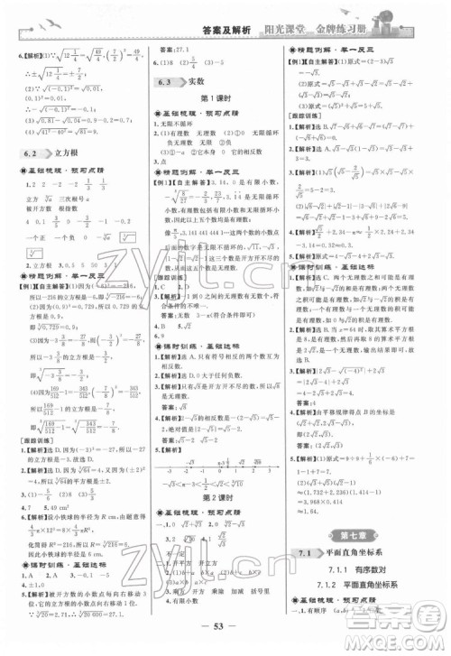 人民教育出版社2022阳光课堂金牌练习册数学七年级下册人教版答案