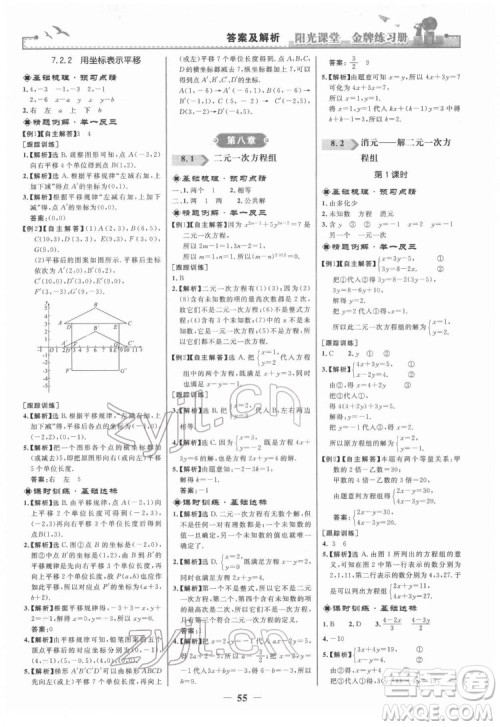 人民教育出版社2022阳光课堂金牌练习册数学七年级下册人教版答案