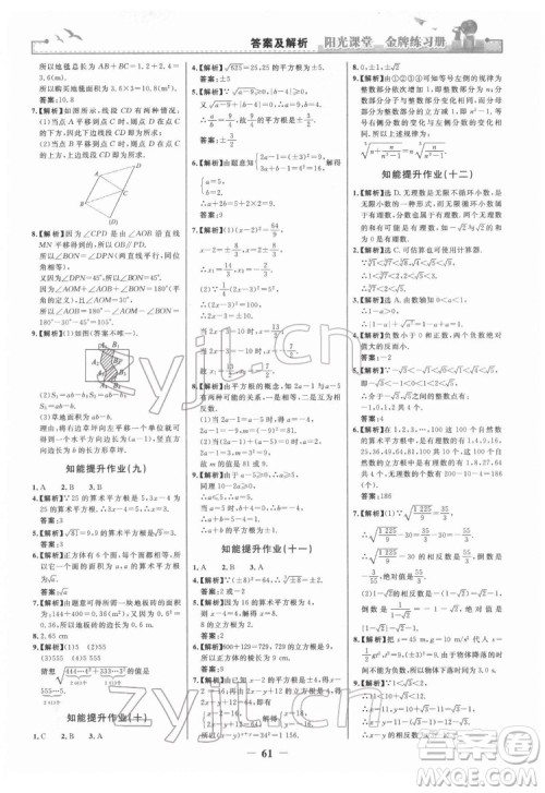 人民教育出版社2022阳光课堂金牌练习册数学七年级下册人教版答案