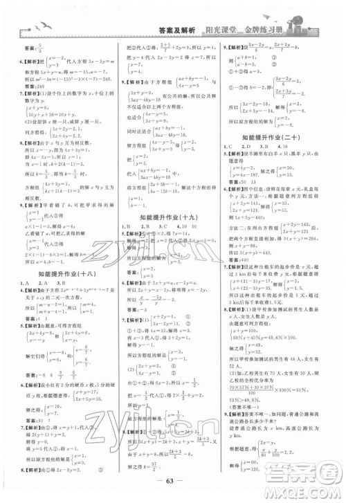 人民教育出版社2022阳光课堂金牌练习册数学七年级下册人教版答案