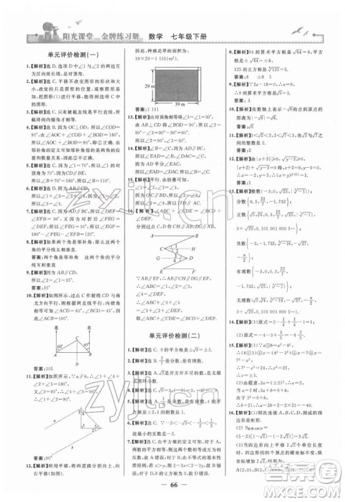 人民教育出版社2022阳光课堂金牌练习册数学七年级下册人教版答案