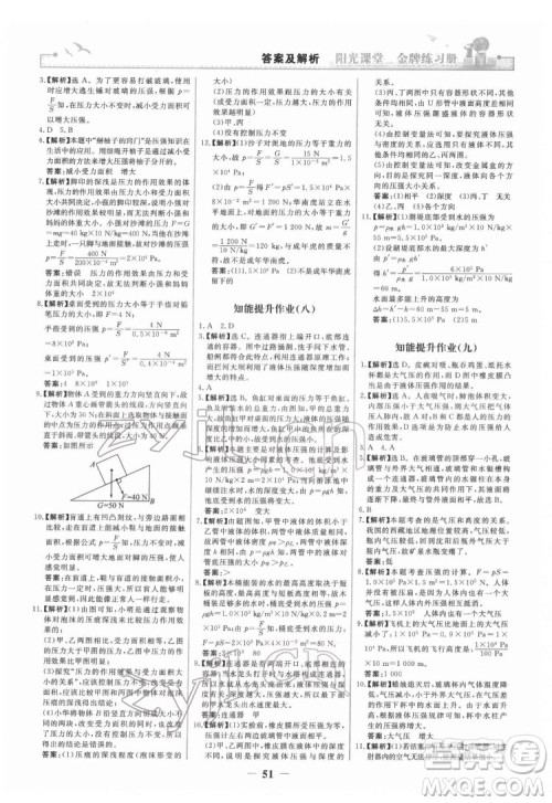 人民教育出版社2022阳光课堂金牌练习册物理八年级下册人教版答案