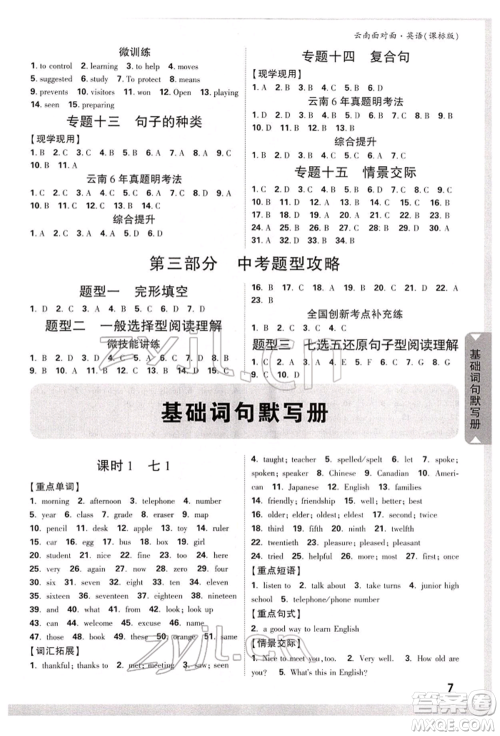新疆青少年出版社2022中考面对面九年级英语课标版云南专版参考答案 新疆青少年出版社2022中考面对面九年级英语课标版云南专版参考答案