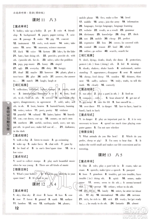 新疆青少年出版社2022中考面对面九年级英语课标版云南专版参考答案 新疆青少年出版社2022中考面对面九年级英语课标版云南专版参考答案
