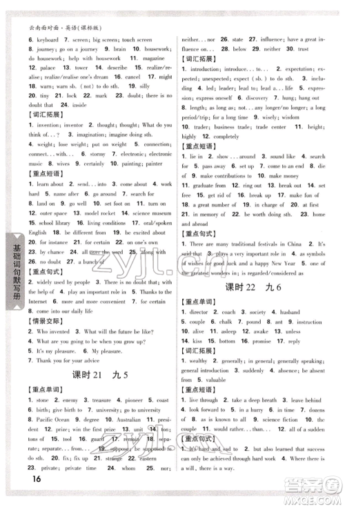 新疆青少年出版社2022中考面对面九年级英语课标版云南专版参考答案 新疆青少年出版社2022中考面对面九年级英语课标版云南专版参考答案