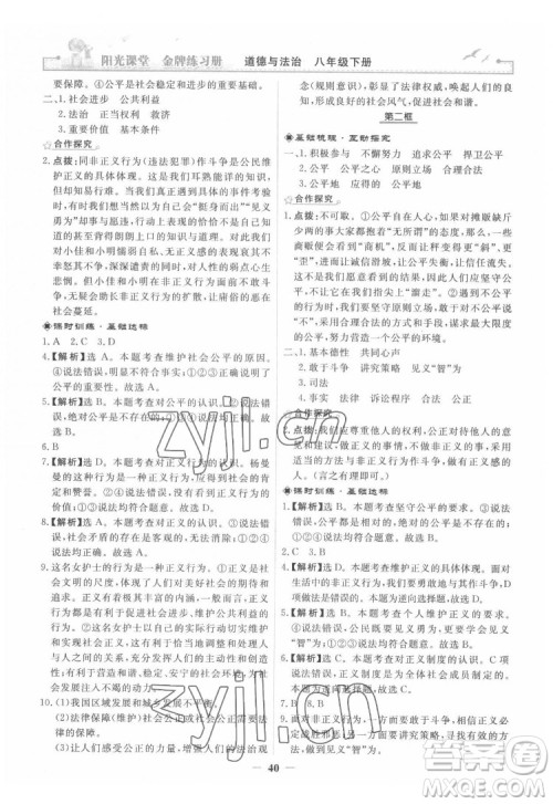 人民教育出版社2022阳光课堂金牌练习册道德与法治八年级下册人教版答案