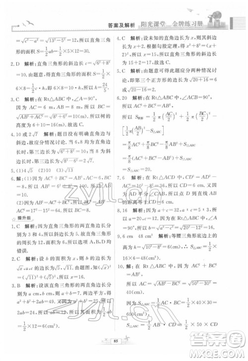 人民教育出版社2022阳光课堂金牌练习册数学八年级下册人教版福建专版答案