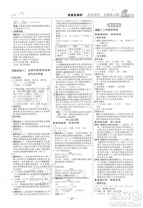 人民教育出版社2022阳光课堂金牌练习册化学九年级下册人教版答案