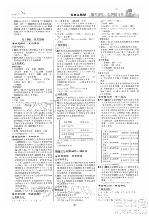 人民教育出版社2022阳光课堂金牌练习册化学九年级下册人教版答案