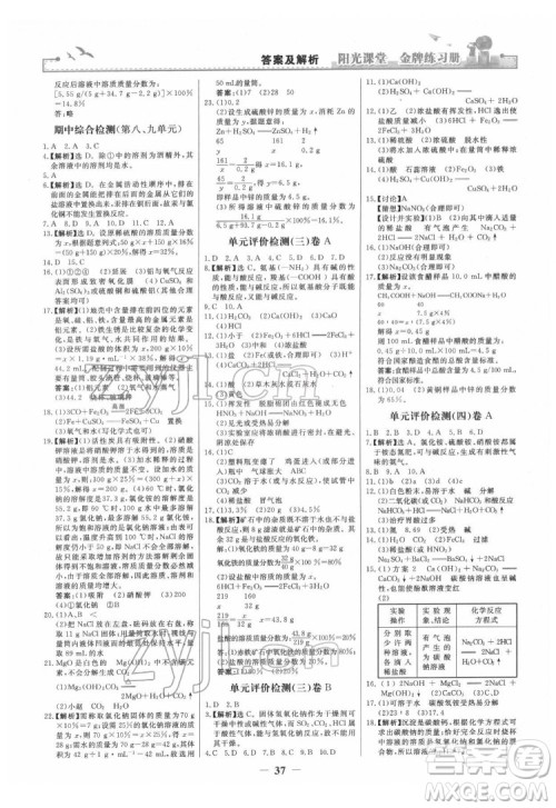 人民教育出版社2022阳光课堂金牌练习册化学九年级下册人教版答案 人民教育出版社2022阳光课堂金牌练习册化学九年级下册人教版答案