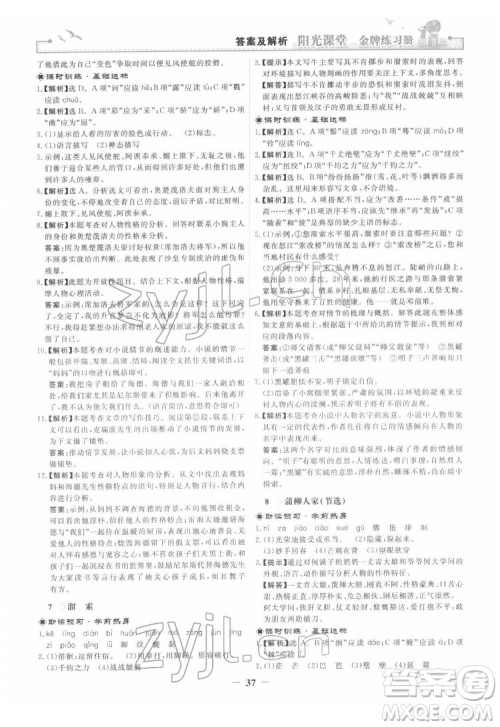 人民教育出版社2022阳光课堂金牌练习册语文九年级下册人教版答案 人民教育出版社2022阳光课堂金牌练习册语文九年级下册人教版答案