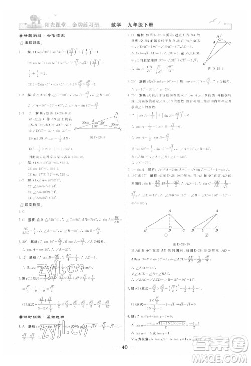 人民教育出版社2022阳光课堂金牌练习册数学九年级下册人教版答案