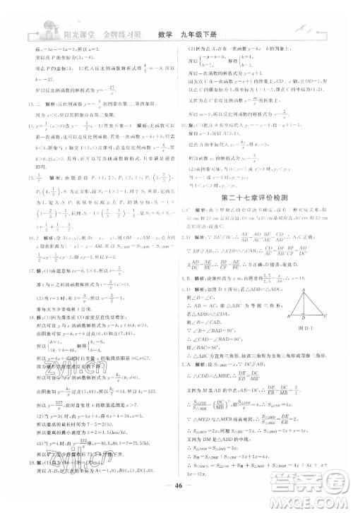 人民教育出版社2022阳光课堂金牌练习册数学九年级下册人教版答案