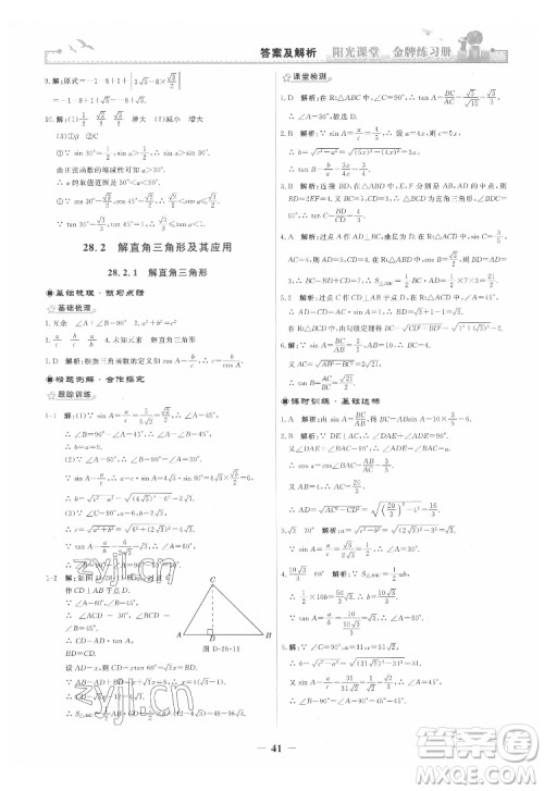 人民教育出版社2022阳光课堂金牌练习册数学九年级下册人教版答案