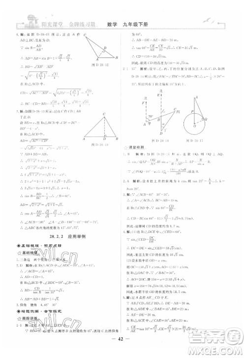 人民教育出版社2022阳光课堂金牌练习册数学九年级下册人教版答案