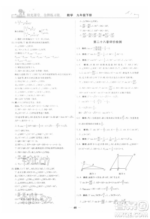 人民教育出版社2022阳光课堂金牌练习册数学九年级下册人教版答案