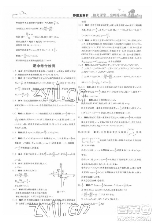 人民教育出版社2022阳光课堂金牌练习册数学九年级下册人教版答案