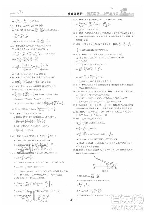 人民教育出版社2022阳光课堂金牌练习册数学九年级下册人教版答案