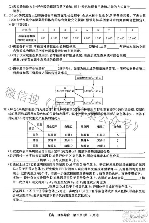 2022九师联盟高三4月质量监测理科综合试题及答案