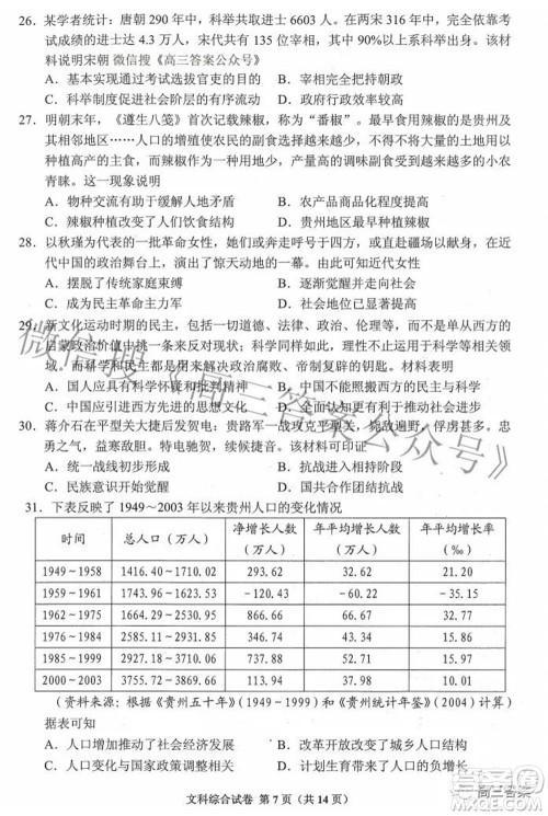 贵州省2022年普通高等学校招生适应性测试文科综合试题及答案