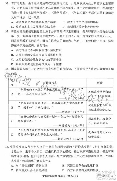 贵州省2022年普通高等学校招生适应性测试文科综合试题及答案
