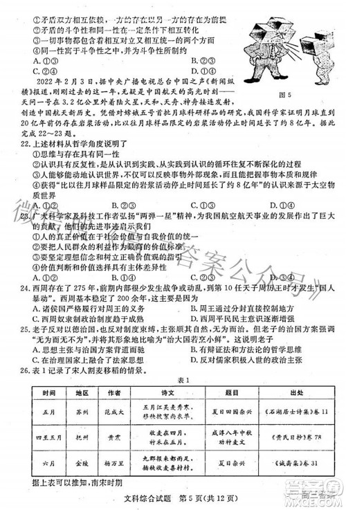 2022年江西省高三教学质量监测卷文科综合试题及答案