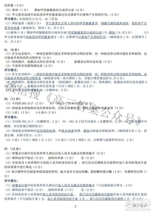 2022年江西省高三教学质量监测卷理科综合试题及答案