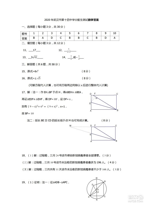 2020年武汉市第十四中学分配生测试数学试卷及答案