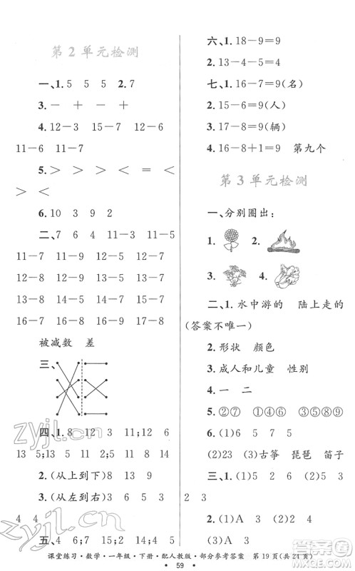 贵州人民出版社2022课堂练习一年级数学下册人教版答案