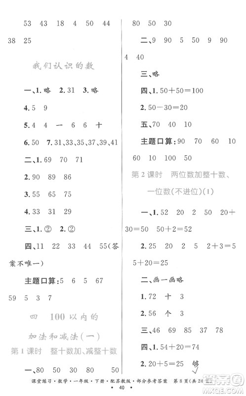 贵州人民出版社2022课堂练习一年级数学下册苏教版答案