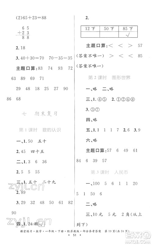 贵州人民出版社2022课堂练习一年级数学下册苏教版答案